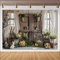 Lofaris Rustic Wooden Door Easter Backdrop with Spring Flowers and Bunnies, Farmhouse Photography Background for Holiday Decor