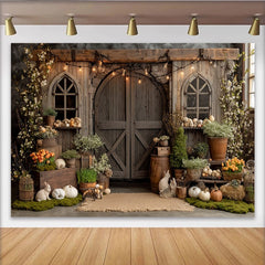 Lofaris Rustic Wooden Barn Photography Backdrop with Arched Windows and String Lights, Farmhouse Style Background for Spring