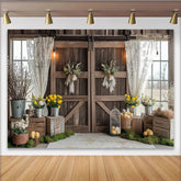 Lofaris Rustic Barn Door Easter Photography Backdrop with Bunny Wreaths and Spring Flowers, Farmhouse Style Studio Background