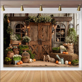 Lofaris Rustic Fall Photography Backdrop with Barn Doors and Pumpkins, Autumn Harvest Studio Background for Portraits.