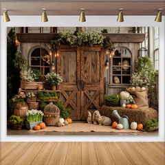 Lofaris Rustic Fall Photography Backdrop with Barn Doors and Pumpkins, Autumn Harvest Studio Background for Portraits.