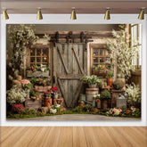 Lofaris Rustic Barn Door Spring Garden Photography Backdrop with Blooming Flowers Greenery, Charming Wooden Background for Photoshoot