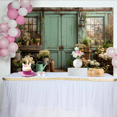 Lofaris Weathered Mint Green Door and Window Rustic Garden Photography Backdrop, Floral Wooden Floor Background for Studio Photoshoot