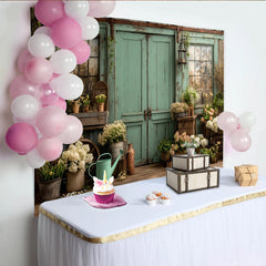 Lofaris Weathered Mint Green Door and Window Rustic Garden Photography Backdrop, Floral Wooden Floor Background for Studio Photoshoot