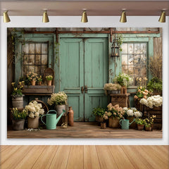 Lofaris Weathered Mint Green Door and Window Rustic Garden Photography Backdrop, Floral Wooden Floor Background for Studio Photoshoot