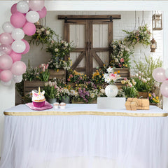Lofaris Rustic Floral Photography Backdrop with Barn Door and Fresh Flowers, Charming Studio Background for Spring Photoshoot and Event Decor