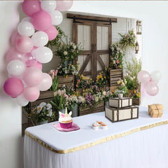 Lofaris Rustic Floral Photography Backdrop with Barn Door and Fresh Flowers, Charming Studio Background for Spring Photoshoot and Event Decor