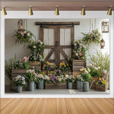 Lofaris Rustic Floral Photography Backdrop with Barn Door and Fresh Flowers, Charming Studio Background for Spring Photoshoot and Event Decor