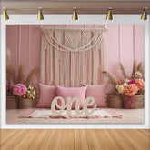 Lofaris Pink Boho 1st Birthday Backdrop with Macrame and Pampas Grass, Elegant Photography Background for Cake Smash and Party Decor