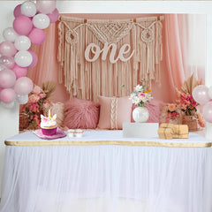 Lofaris Boho Pink 1st Birthday Backdrop with Macrame and Flowers, Elegant Studio Background for Baby Girl Photoshoot