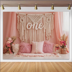 Lofaris Boho Pink 1st Birthday Backdrop with Macrame and Flowers, Elegant Studio Background for Baby Girl Photoshoot