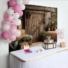 Lofaris Rustic Barn Photography Backdrop with Weathered Wood, Hay Bales and Potted Plants, Farmhouse Background for Studio Photoshoot