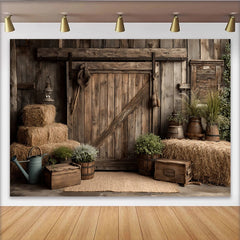 Lofaris Rustic Barn Photography Backdrop with Weathered Wood, Hay Bales and Potted Plants, Farmhouse Background for Studio Photoshoot