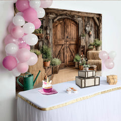 Lofaris Rustic Wood Barn Door Photography Backdrop with Hay Bales and Greenery, Farmhouse Style Studio Background for Photoshoot