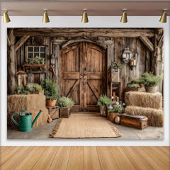 Lofaris Rustic Wood Barn Door Photography Backdrop with Hay Bales and Greenery, Farmhouse Style Studio Background for Photoshoot