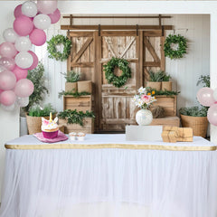 Lofaris Rustic Wood Photography Backdrop with Barn Door and Green Wreaths, Farmhouse Style Background for Studio Photoshoot