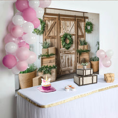 Lofaris Rustic Wood Photography Backdrop with Barn Door and Green Wreaths, Farmhouse Style Background for Studio Photoshoot