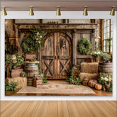 Lofaris Rustic Barn Photography Backdrop with Wooden Doors, Hay Bales and Greenery, Farmhouse Studio Background for Autumn Photoshoot