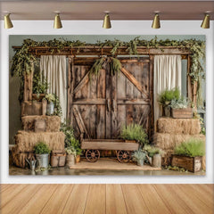 Lofaris Rustic Barn Photography Backdrop with Hay Bales and Greenery, Charming Farmhouse Background for Studio Photoshoot