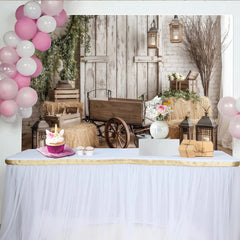 Lofaris Rustic Farmhouse Photography Backdrop with Wooden Wagon and Hay Bales, Distressed Barn Wall Background for Studio Photoshoots