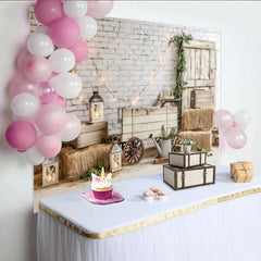 Lofaris Rustic Farmhouse Photography Backdrop with White Brick Wall and Wooden Door, Cozy Studio Background for Portrait Sessions and Events