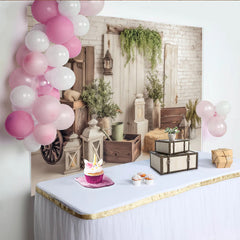 Lofaris Rustic Farmhouse Photography Backdrop with White Brick and Wood, Vintage Greenery and Lanterns for Studio Photoshoot