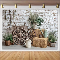 Lofaris Rustic Photography Backdrop with White Brick Wall and Wooden Wagon Wheels, Farmhouse Studio Background for Portraits and Events.