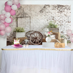 Lofaris Rustic Farmhouse Photography Backdrop with Distressed White Brick Wall and Hay Bales, Vintage Studio Background for Natural Portrait