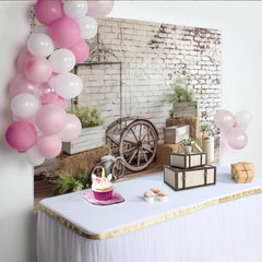 Lofaris Rustic Farmhouse Photography Backdrop with Distressed White Brick Wall and Hay Bales, Vintage Studio Background for Natural Portrait