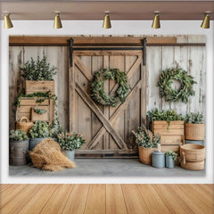 Lofaris Rustic Farmhouse Photography Backdrop with Barn Door and Greenery Wreaths, Natural Wood Wall Background for Studio Photoshoot