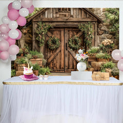 Lofaris' Rustic Barn Door Photography Backdrop with Greenery and Floral Wreaths, Vintage Farmhouse Background for Studio Photoshoot
