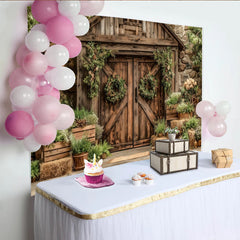 Lofaris' Rustic Barn Door Photography Backdrop with Greenery and Floral Wreaths, Vintage Farmhouse Background for Studio Photoshoot