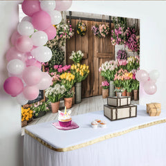 Lofaris Vibrant Spring Floral Photography Backdrop with Rustic Wood Door, Charming Flower Shop Background for Studio Photoshoot