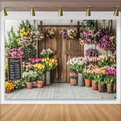 Lofaris Vibrant Spring Floral Photography Backdrop with Rustic Wood Door, Charming Flower Shop Background for Studio Photoshoot