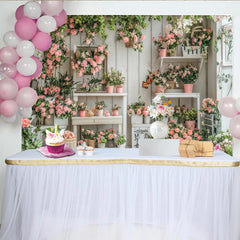 Lofaris Charming Pink Rose Floral Garden Photography Backdrop with Rustic White Wood Wall, Elegant Studio Background for Portrait