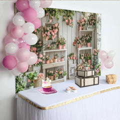 Lofaris Charming Pink Rose Floral Garden Photography Backdrop with Rustic White Wood Wall, Elegant Studio Background for Portrait