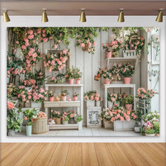 Lofaris Charming Pink Rose Floral Garden Photography Backdrop with Rustic White Wood Wall, Elegant Studio Background for Portrait