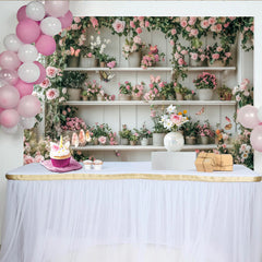 Lofaris Pink Floral Garden Photography Backdrop with White Shelves and Butterflies, Rustic Wood Background for Studio Photoshoot