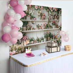 Lofaris Pink Floral Garden Photography Backdrop with White Shelves and Butterflies, Rustic Wood Background for Studio Photoshoot