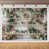 Lofaris Pink Floral Garden Photography Backdrop with White Shelves and Butterflies, Rustic Wood Background for Studio Photoshoot