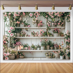 Lofaris Pink Floral Garden Photography Backdrop with White Shelves and Butterflies, Rustic Wood Background for Studio Photoshoot