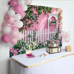 Lofaris Pink Brick Wall Garden Photography Backdrop with White Picket Fence, Charming Spring Photo Background for Studio and Party Decor