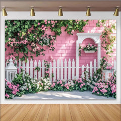 Lofaris Pink Brick Wall Garden Photography Backdrop with White Picket Fence, Charming Spring Photo Background for Studio and Party Decor