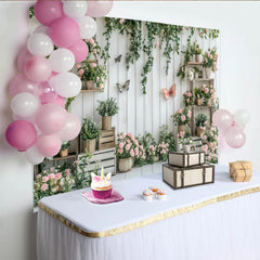Lofaris White Wood Plank Rustic Floral Photography Backdrop with Pink Roses and Green Vines, Butterfly Studio Background for Photoshoot
