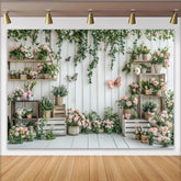 Lofaris White Wood Plank Rustic Floral Photography Backdrop with Pink Roses and Green Vines, Butterfly Studio Background for Photoshoot