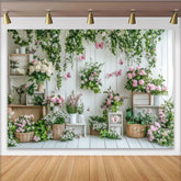 Lofaris White Wood Spring Floral Garden Photography Backdrop with Pink Butterflies and Green Vines, Studio Background for Portrait
