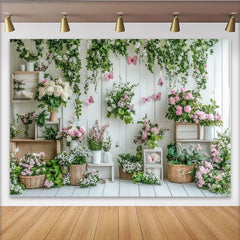 Lofaris White Wood Spring Floral Garden Photography Backdrop with Pink Butterflies and Green Vines, Studio Background for Portrait
