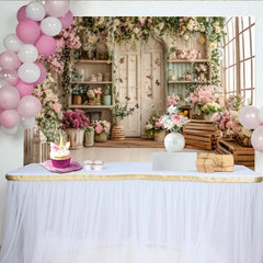 Lofaris Romantic Pink and White Floral Garden Photography Backdrop with Rustic Door and Window, Elegant Studio Background for Photoshoot
