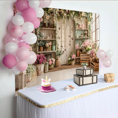 Lofaris Romantic Pink and White Floral Garden Photography Backdrop with Rustic Door and Window, Elegant Studio Background for Photoshoot