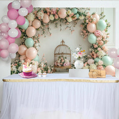 Lofaris Elegant Floral Baby Shower Backdrop with Pink and Mint Balloons, Charming Photography Background for Party Decor
